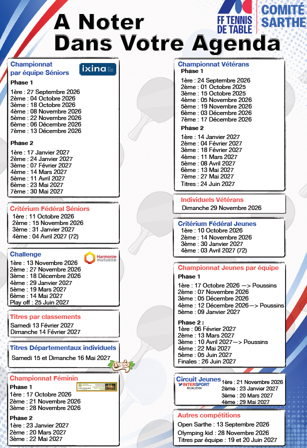 Les dates de compétions 2026/2027