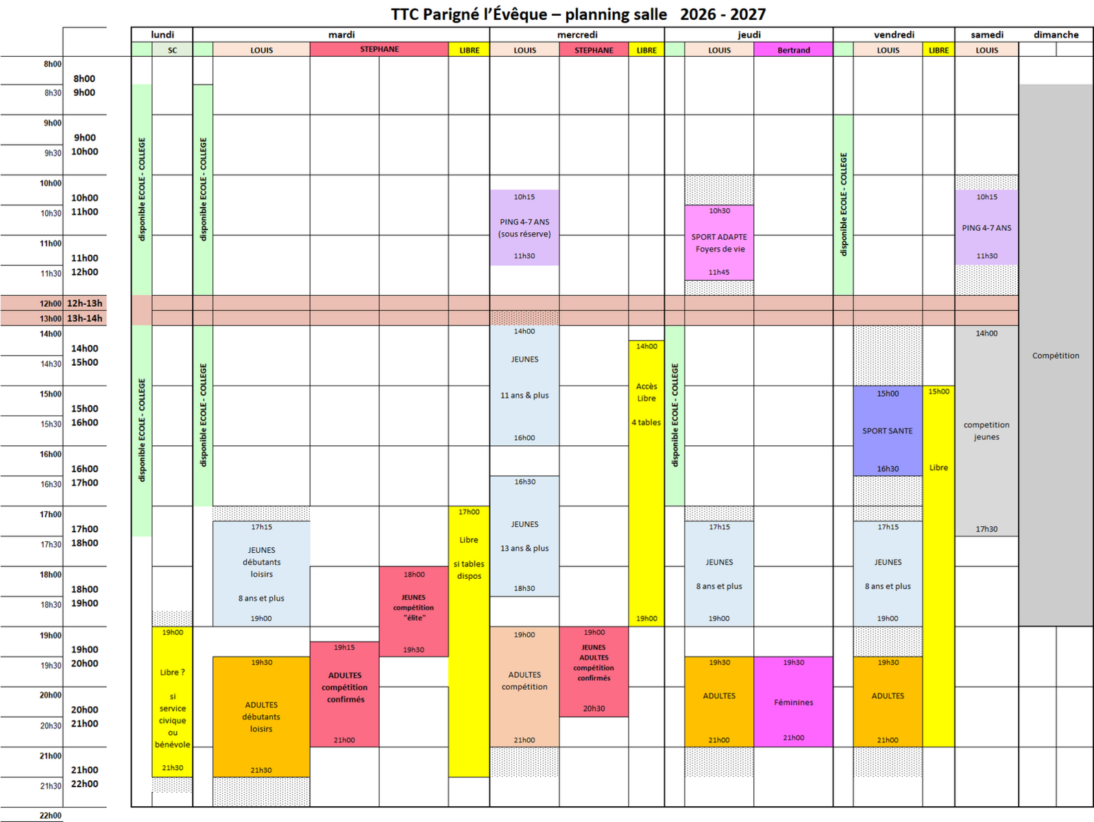 Planning des entrainements 2026-2027